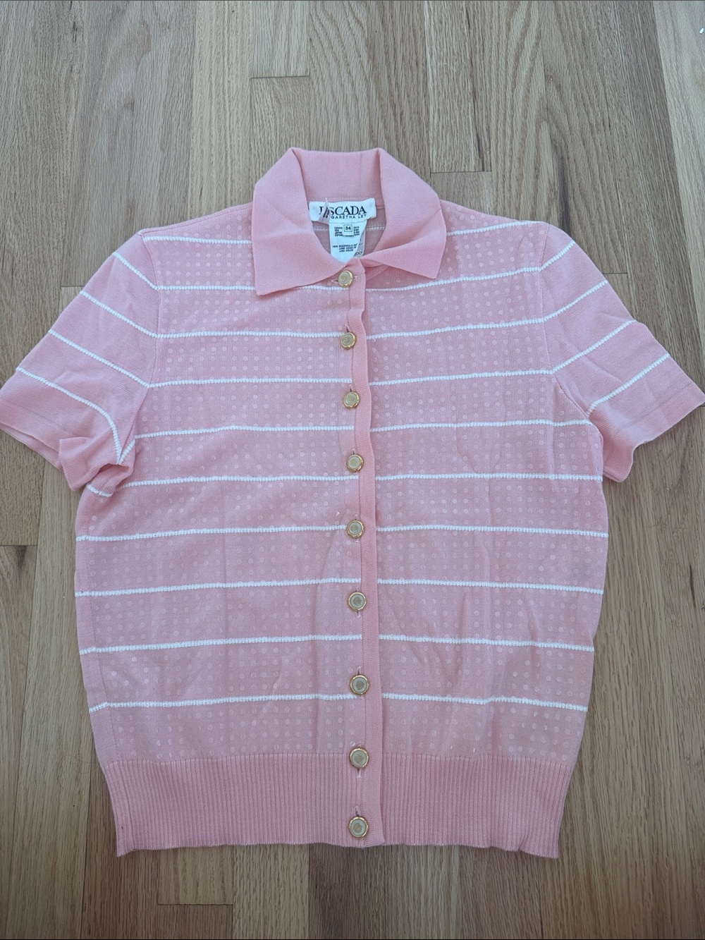 Escada Pink Short-Sleeve Button Polo Cardigan with White Stripes